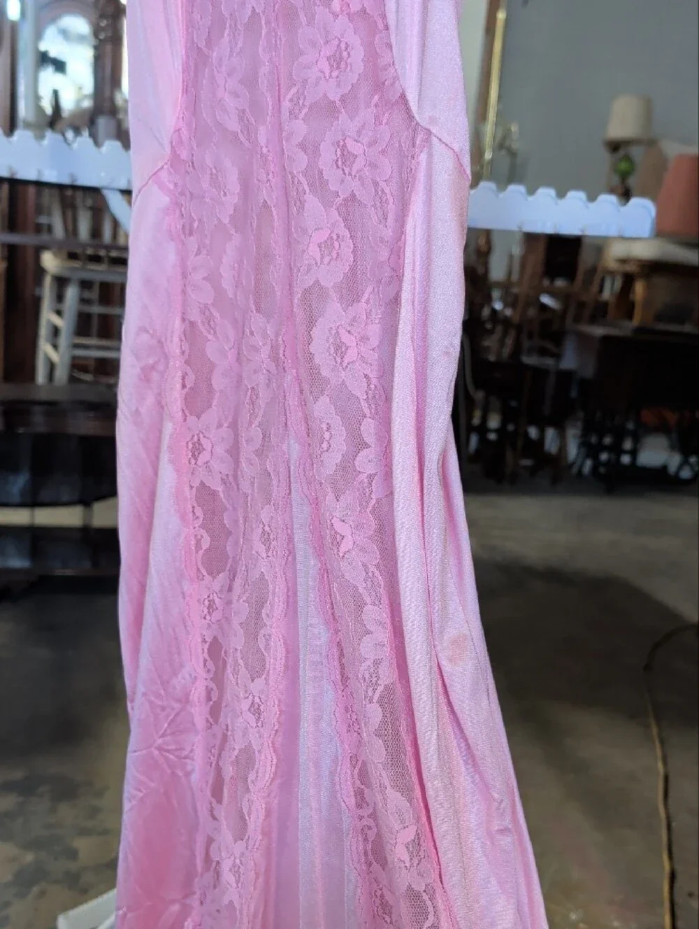 Vintage 80s 90s Val Mode Pink Satin Lace Long Nightgown Slip Dress Coquette